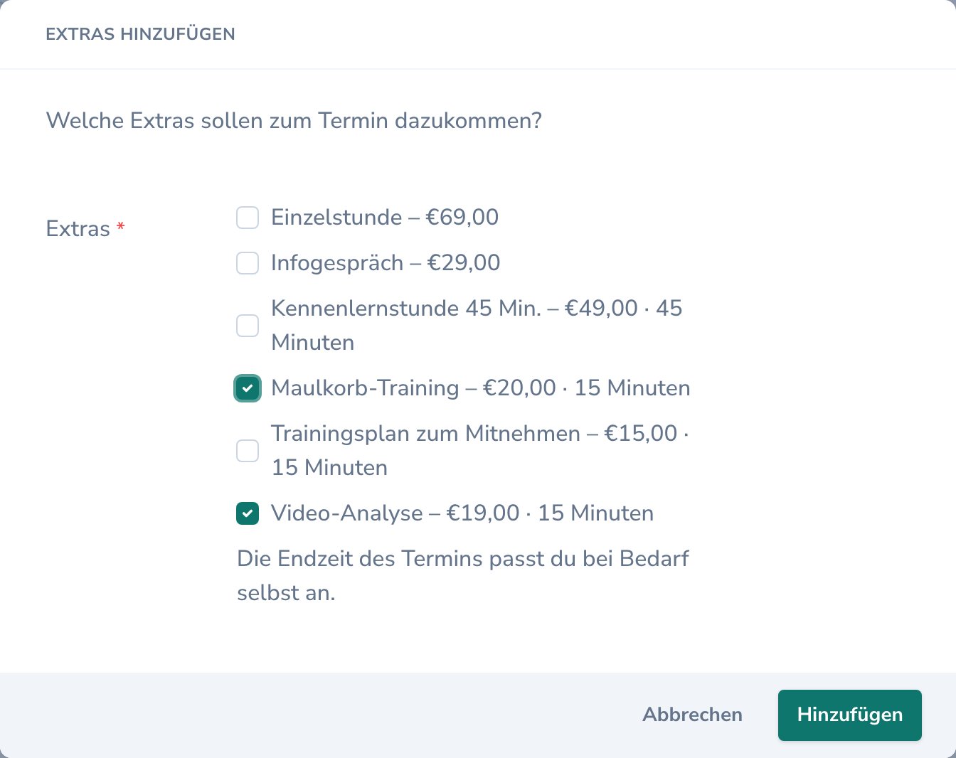 Fenster „Extras hinzufügen“ mit Maulkorb-Training und Video-Analyse angehakt