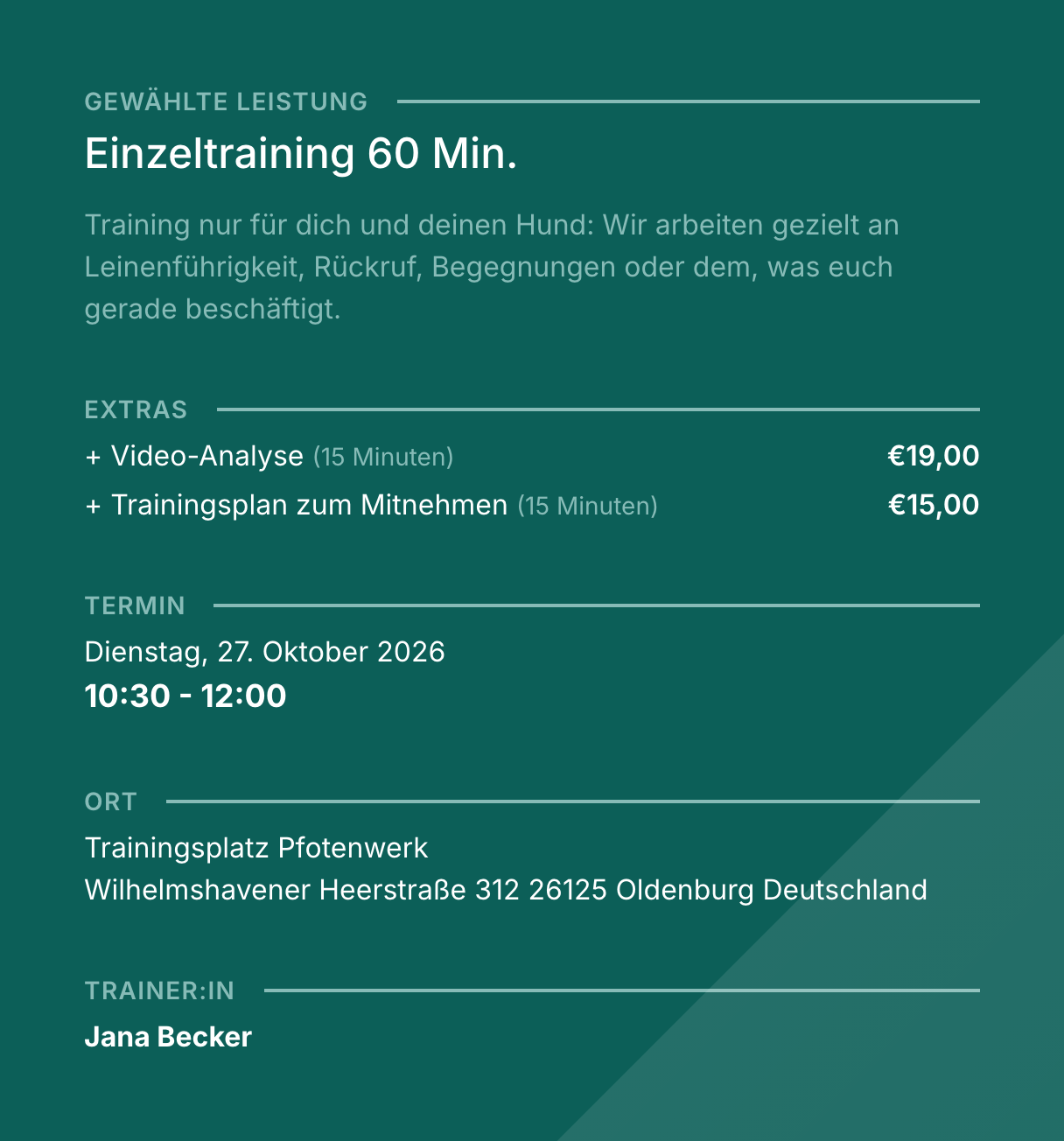 Bestätigung: Einzeltraining 60 Min. mit den Extras Video-Analyse und Trainingsplan, Termin von 10:30 bis 12:00