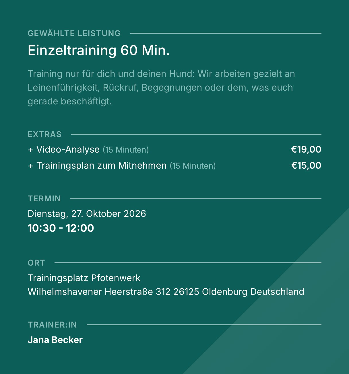 Bestätigung: Einzeltraining 60 Min. mit den Extras Video-Analyse und Trainingsplan, Termin von 10:30 bis 12:00