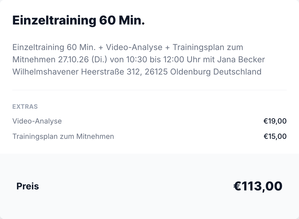 Bestellabschluss mit den Extras Video-Analyse und Trainingsplan und dem Preis 113,00 €