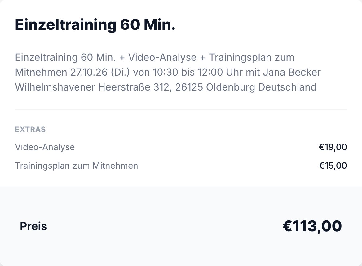 Bestellabschluss mit den Extras Video-Analyse und Trainingsplan und dem Preis 113,00 €
