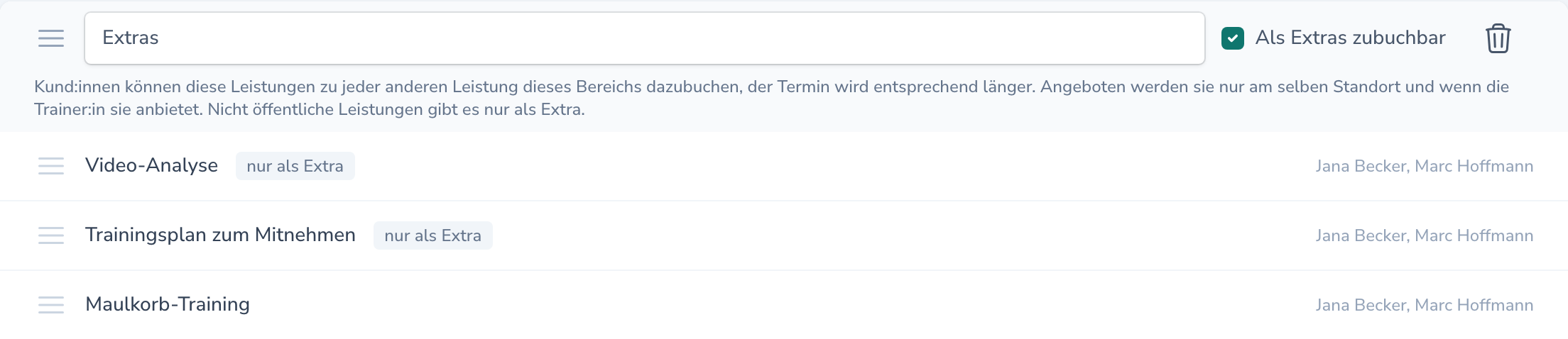 Gruppe „Extras“ mit gesetztem Haken „Als Extras zubuchbar“; Video-Analyse und Trainingsplan tragen den Hinweis „nur als Extra“