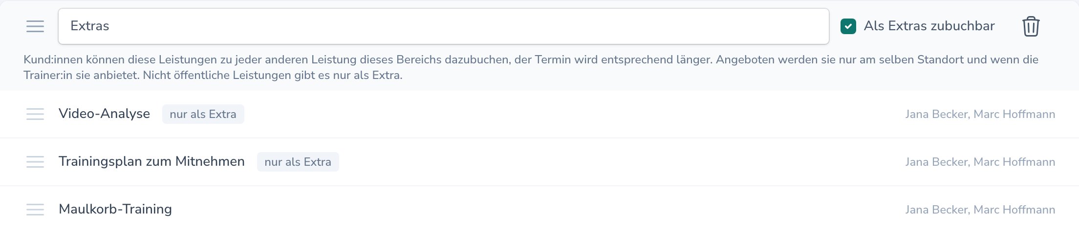 Gruppe „Extras“ mit gesetztem Haken „Als Extras zubuchbar“; Video-Analyse und Trainingsplan tragen den Hinweis „nur als Extra“