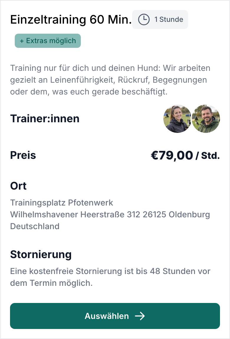Leistungskarte „Einzeltraining 60 Min.“ mit dem Hinweis „+ Extras möglich“