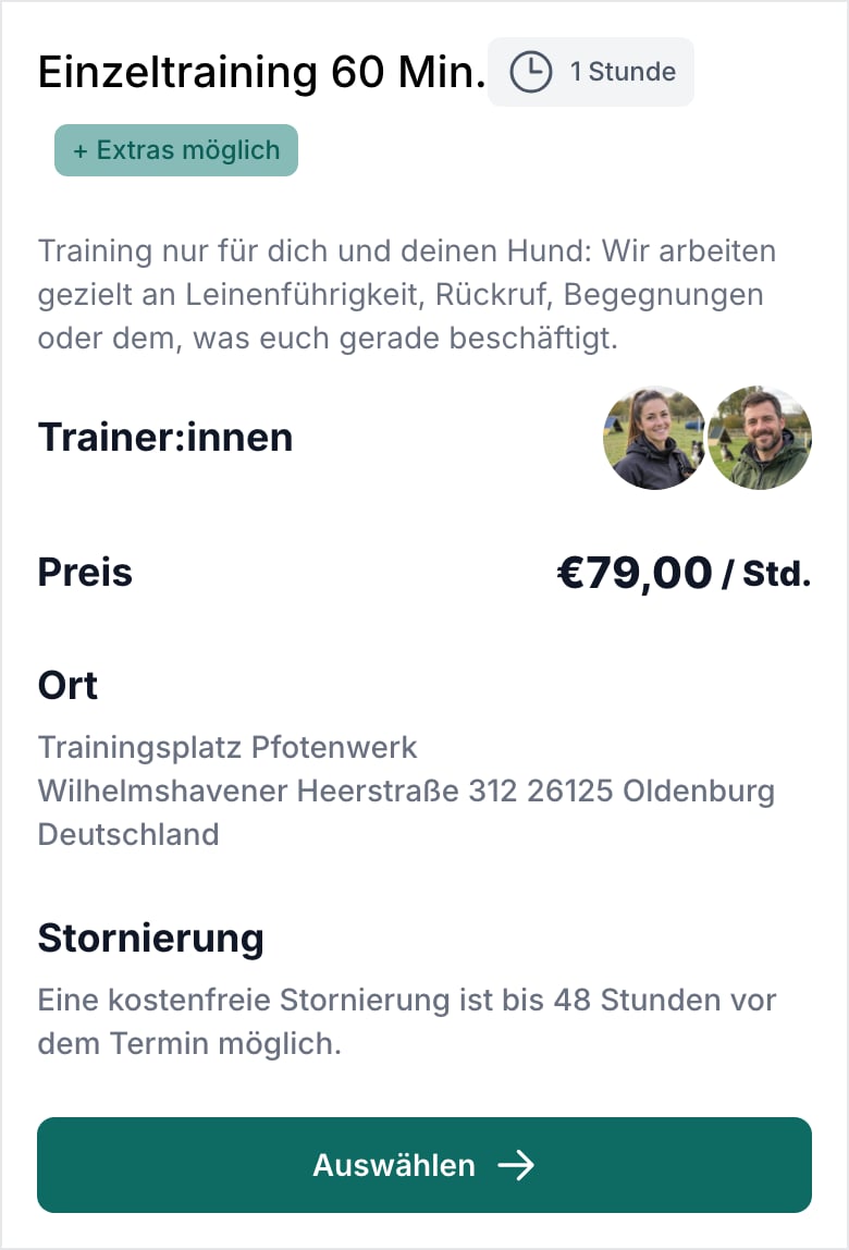 Leistungskarte „Einzeltraining 60 Min.“ mit dem Hinweis „+ Extras möglich“
