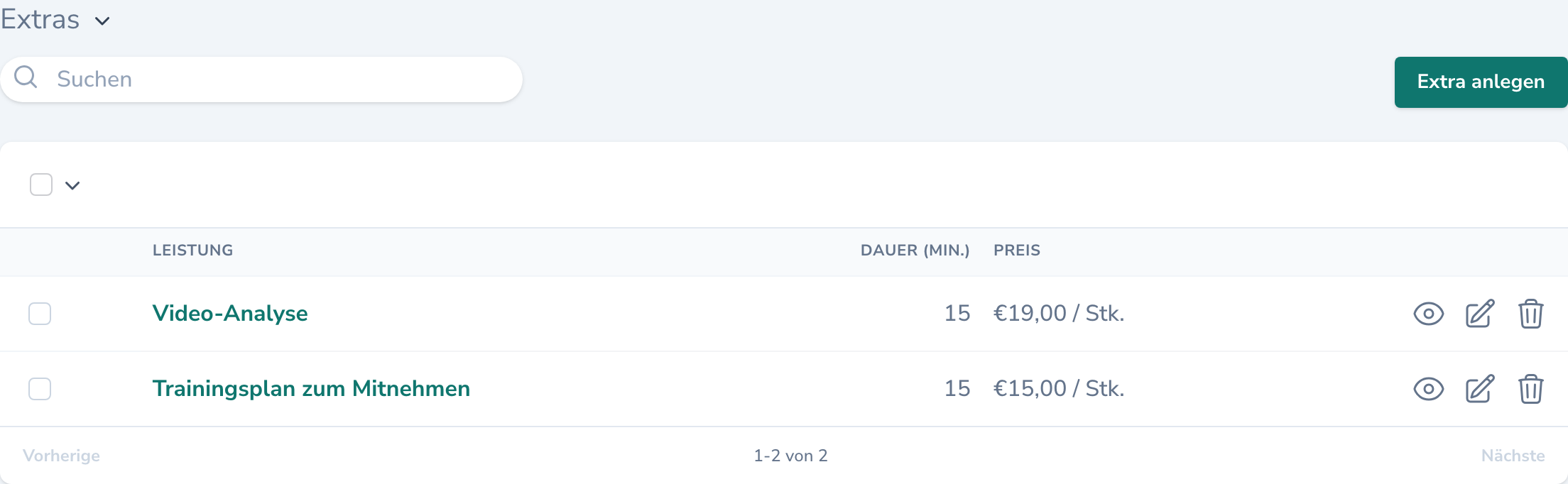 Liste „Extras“ auf der Detailseite eines Einzeltrainings mit Video-Analyse und Trainingsplan