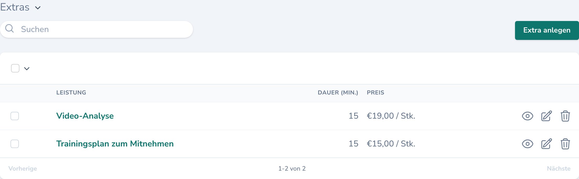 Liste „Extras“ auf der Detailseite eines Einzeltrainings mit Video-Analyse und Trainingsplan