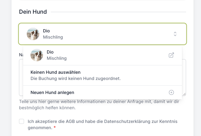 Hund bei Buchung auswählen