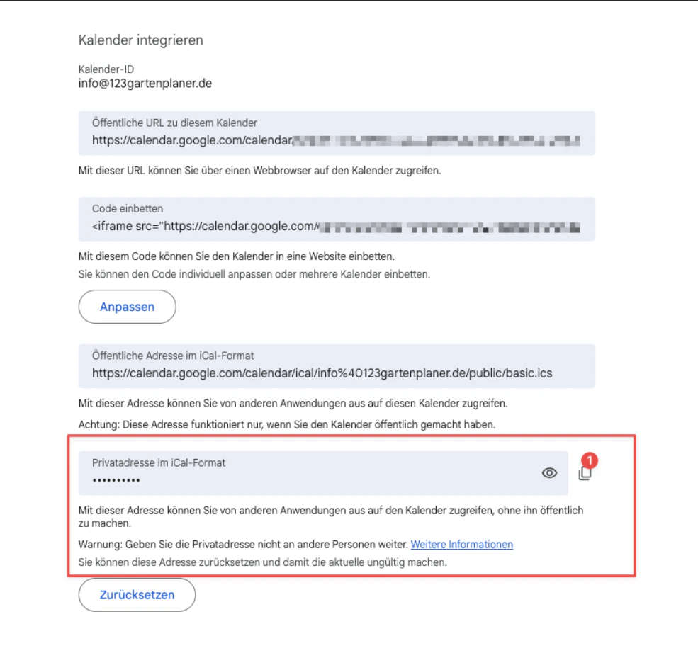 Private iCal Adresse kopieren