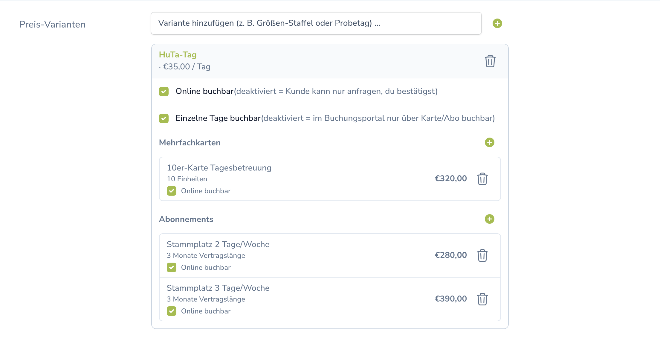 HuTa-Tag mit den Schaltern Online buchbar und Einzelne Tage buchbar, einer 10er-Karte sowie zwei Stammplatz-Abos und Plus-Buttons zum Verknüpfen.