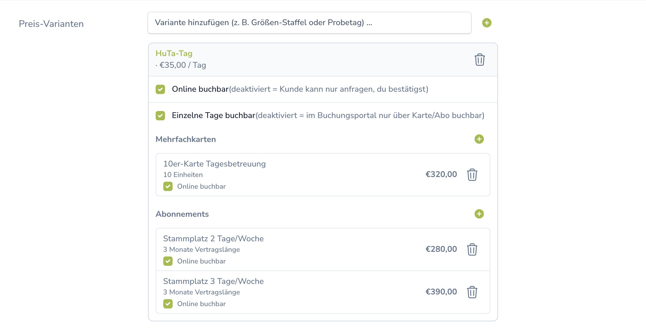 HuTa-Tag mit den Schaltern Online buchbar und Einzelne Tage buchbar, einer 10er-Karte sowie zwei Stammplatz-Abos und Plus-Buttons zum Verknüpfen.