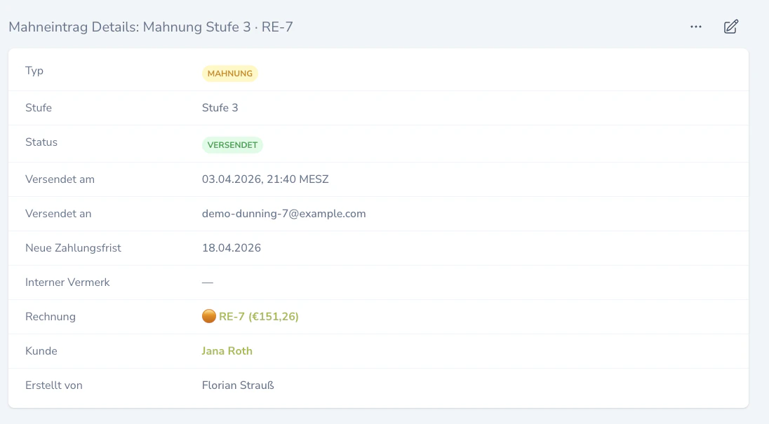 Detailansicht eines Mahneintrags