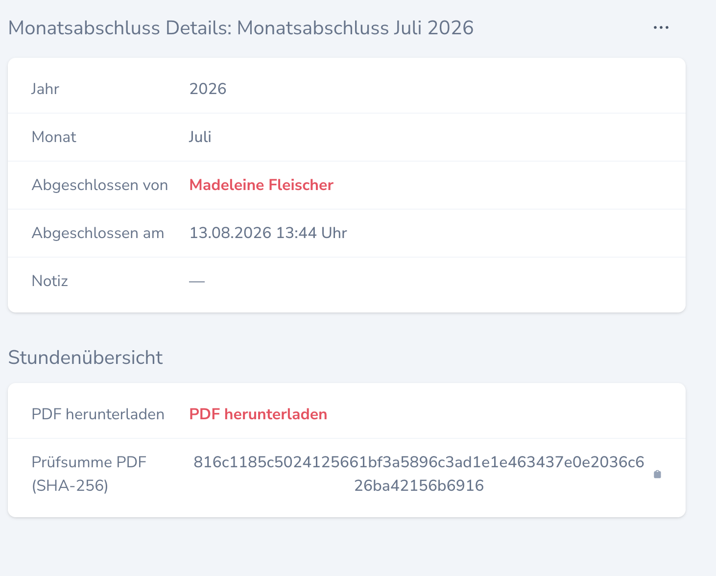 Detailansicht eines Monatsabschlusses mit PDF und Prüfsumme