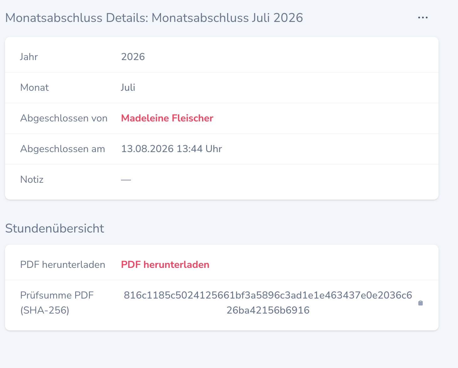 Detailansicht eines Monatsabschlusses mit PDF und Prüfsumme