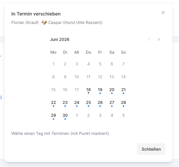 Modal In Termin verschieben mit Kalender; Tage mit Terminen sind mit einem blauen Punkt markiert