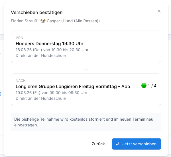 Bestätigungsansicht Verschieben bestätigen mit Von- und Nach-Termin und Hinweis zur kostenlosen Stornierung