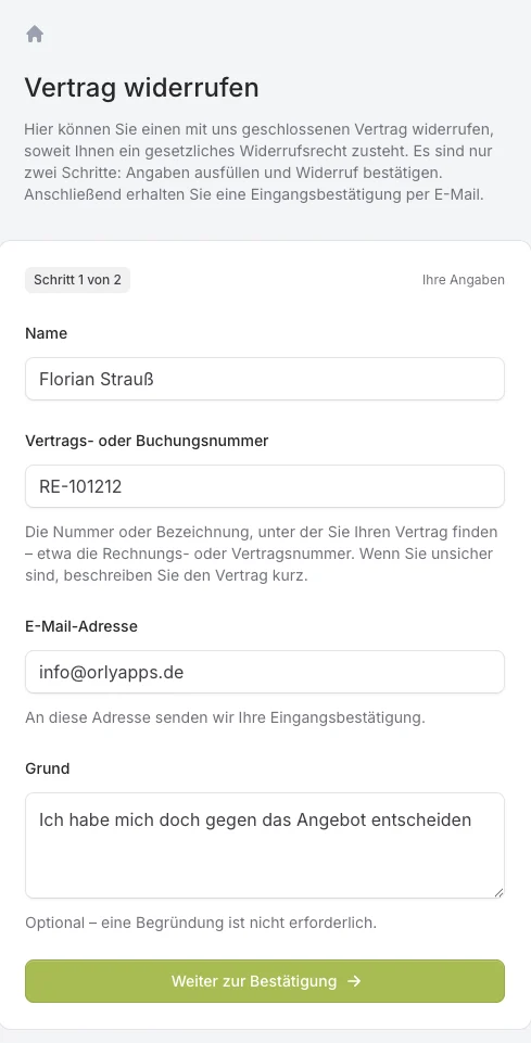 Formular zum Widerrufen eines Vertrags, Schritt 1 von 2 mit Name, Vertragsnummer, E-Mail und optionalem Grund