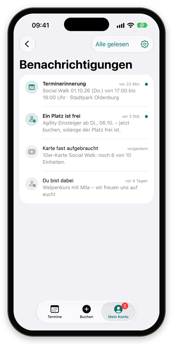 Benachrichtigungen einer Kundin: Terminerinnerung, Ein Platz ist frei, Karte fast aufgebraucht, Du bist dabei
