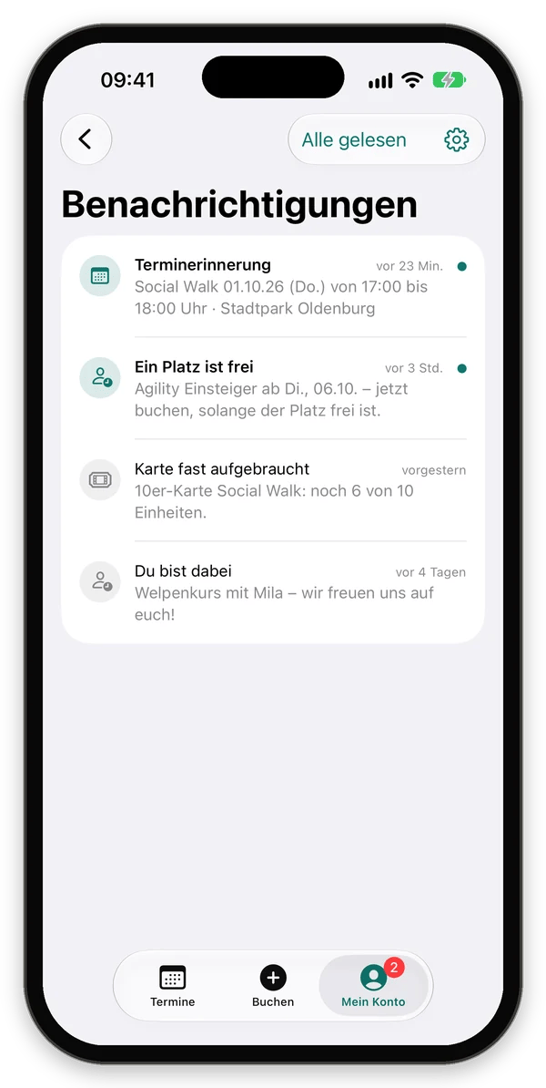 Benachrichtigungen einer Kundin: Terminerinnerung, Ein Platz ist frei, Karte fast aufgebraucht, Du bist dabei