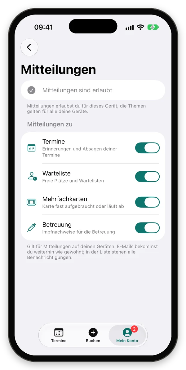 Mitteilungen einer Kundin mit Schaltern für Termine, Warteliste, Mehrfachkarten und Betreuung