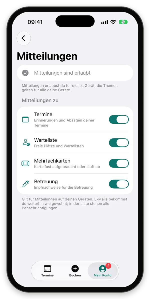 Mitteilungen einer Kundin mit Schaltern für Termine, Warteliste, Mehrfachkarten und Betreuung