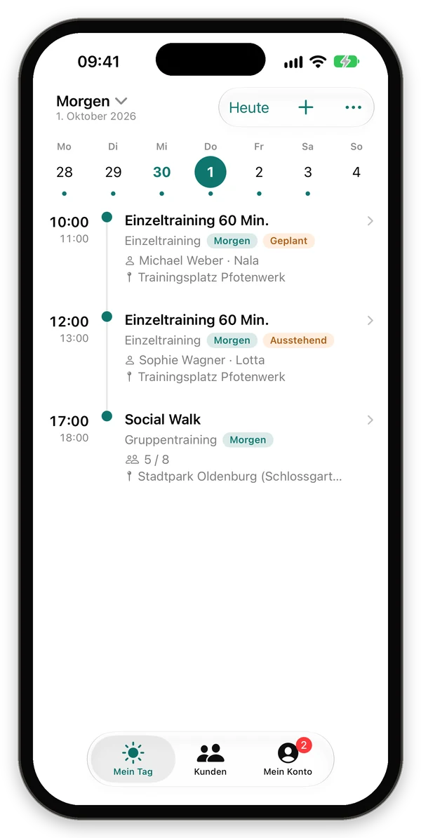 Zeitleiste mit einem Einzeltraining mit dem Kennzeichen Ausstehend