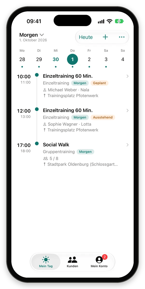 Zeitleiste mit einem Einzeltraining mit dem Kennzeichen Ausstehend