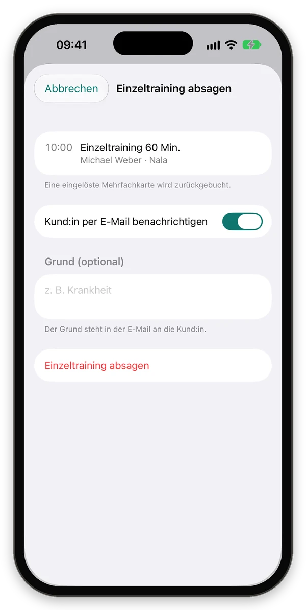 Fenster Einzeltraining absagen mit Hinweis zur Mehrfachkarte, E-Mail-Schalter und Grund
