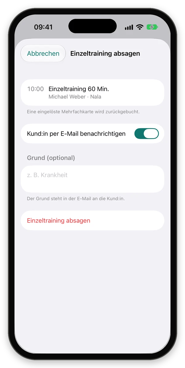 Fenster Einzeltraining absagen mit Hinweis zur Mehrfachkarte, E-Mail-Schalter und Grund