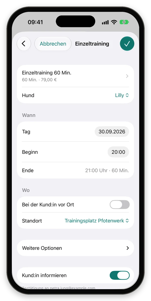Formular Einzeltraining mit Leistung, Hund, Tag, Beginn, Ende, Ort und Kund:in informieren