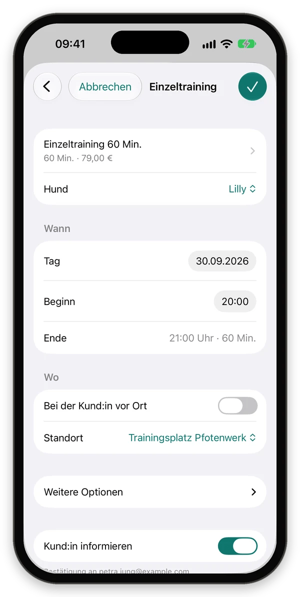 Formular Einzeltraining mit Leistung, Hund, Tag, Beginn, Ende, Ort und Kund:in informieren