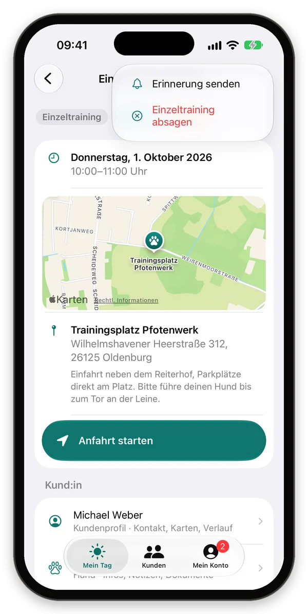 Menü eines Einzeltrainings mit Erinnerung senden und Einzeltraining absagen