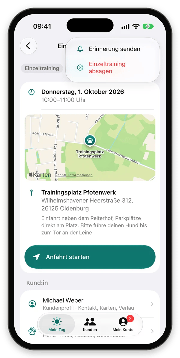 Menü eines Einzeltrainings mit Erinnerung senden und Einzeltraining absagen