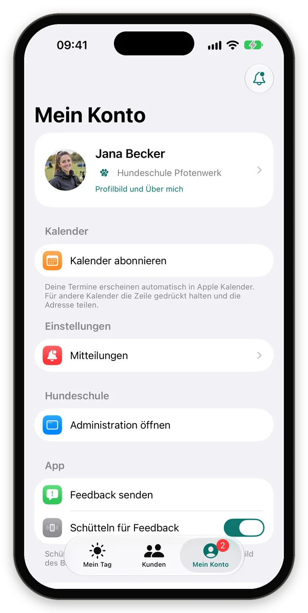 Mein Konto einer Trainerin mit Profilkarte, Kalender, Einstellungen, Hundeschule und App