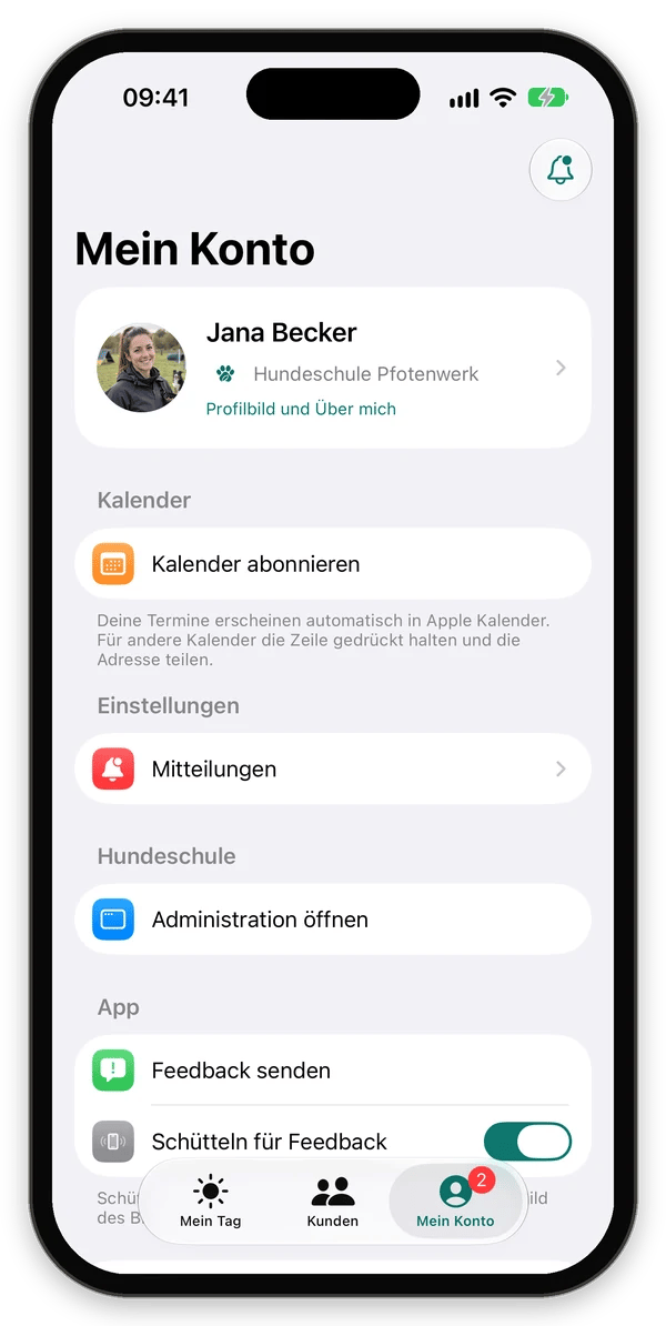 Mein Konto einer Trainerin mit Profilkarte, Kalender, Einstellungen, Hundeschule und App