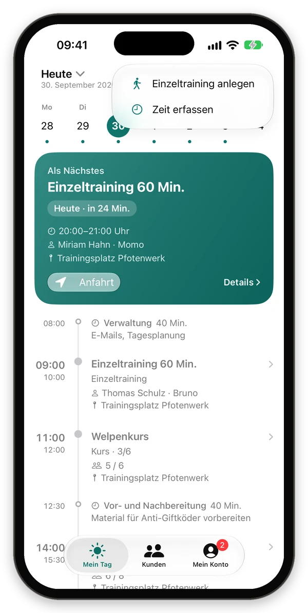 Menü in Mein Tag mit Einzeltraining anlegen und Zeit erfassen