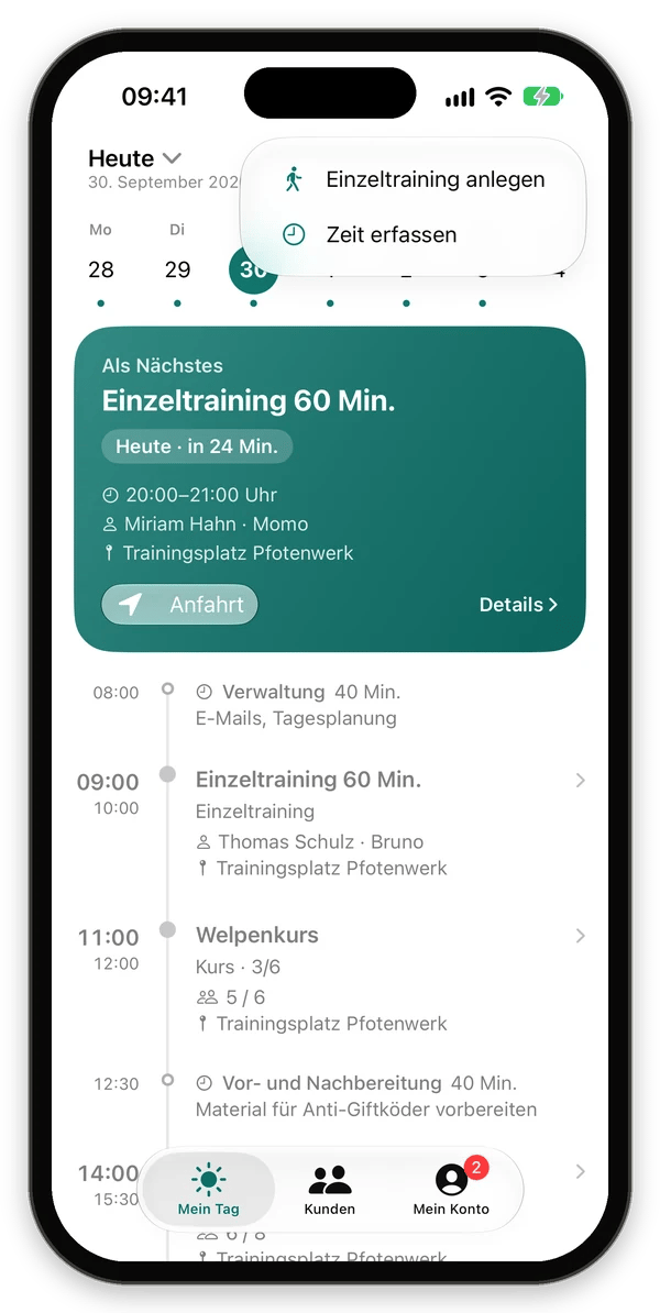 Menü in Mein Tag mit Einzeltraining anlegen und Zeit erfassen