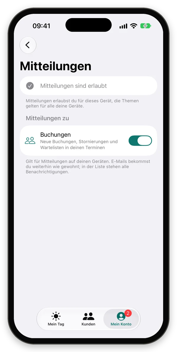 Mitteilungen einer Trainerin mit dem Schalter Buchungen
