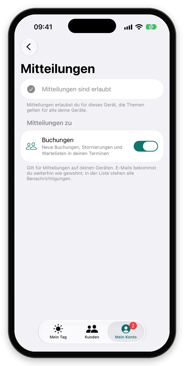Mitteilungen einer Trainerin mit dem Schalter Buchungen