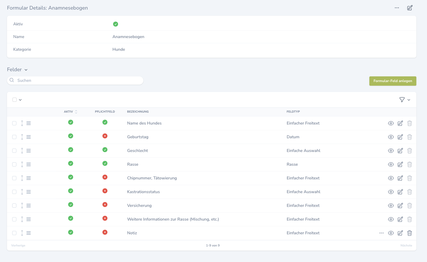 Formular-Detailansicht mit allen Feldern