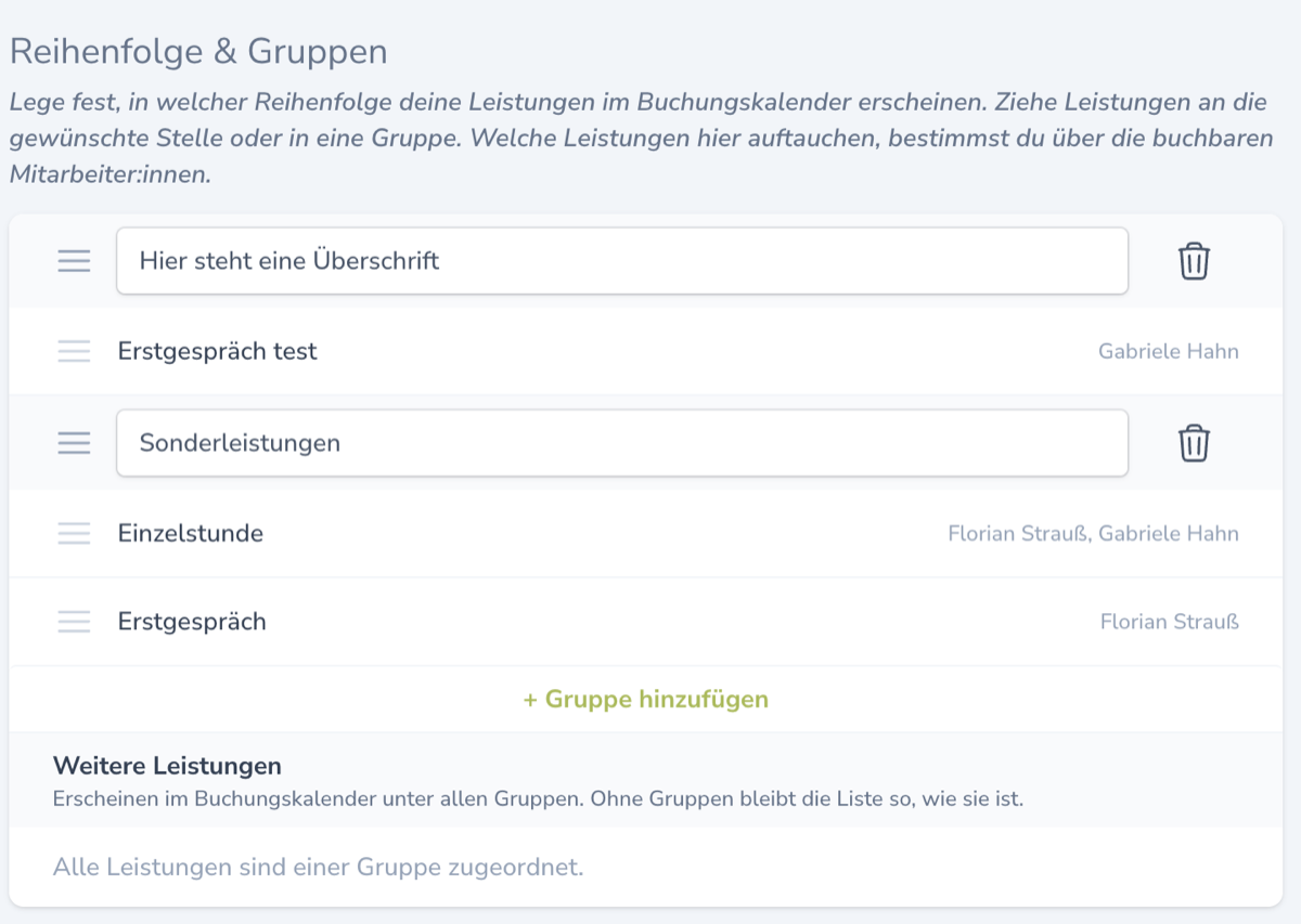 Reihenfolge und Gruppen der Leistungen