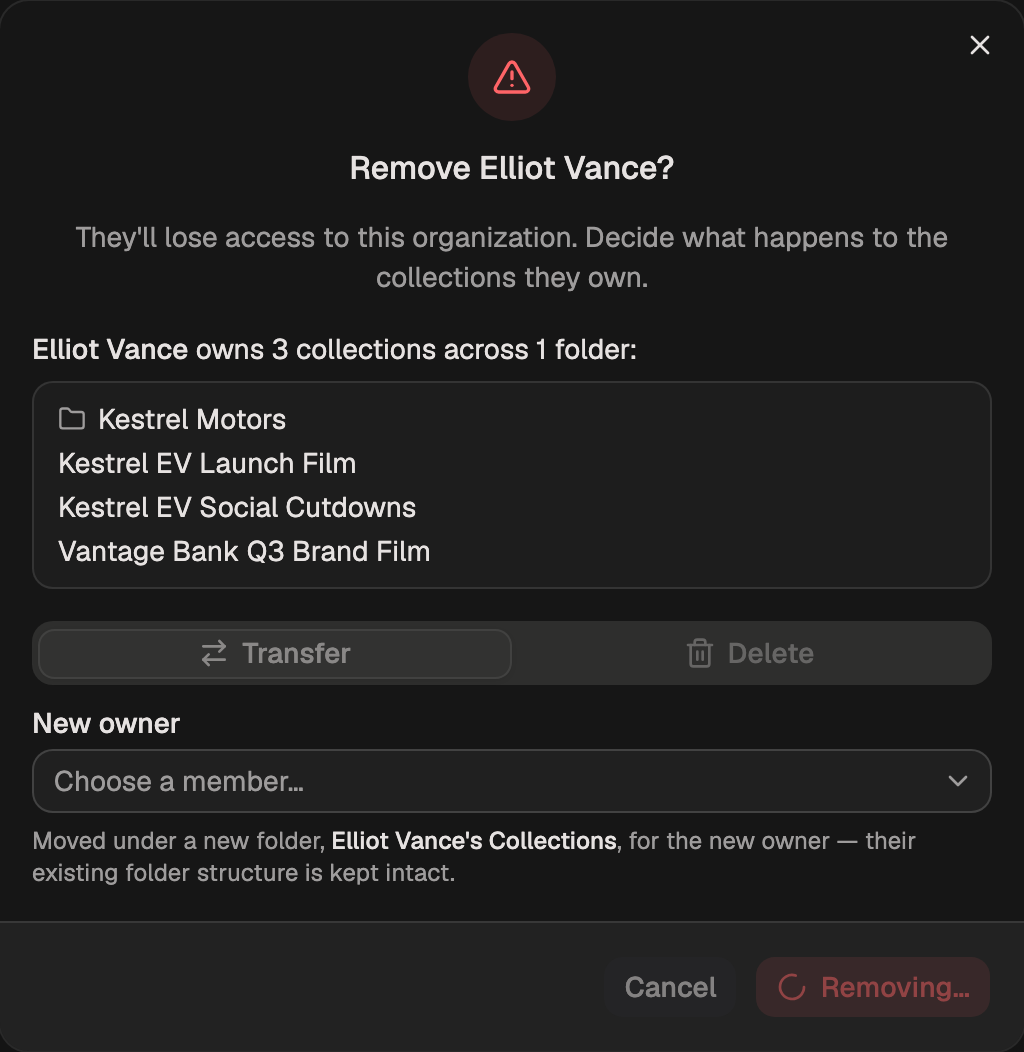 The dialog mid-removal, with every control locked and the confirm button reading 'Removing'.
