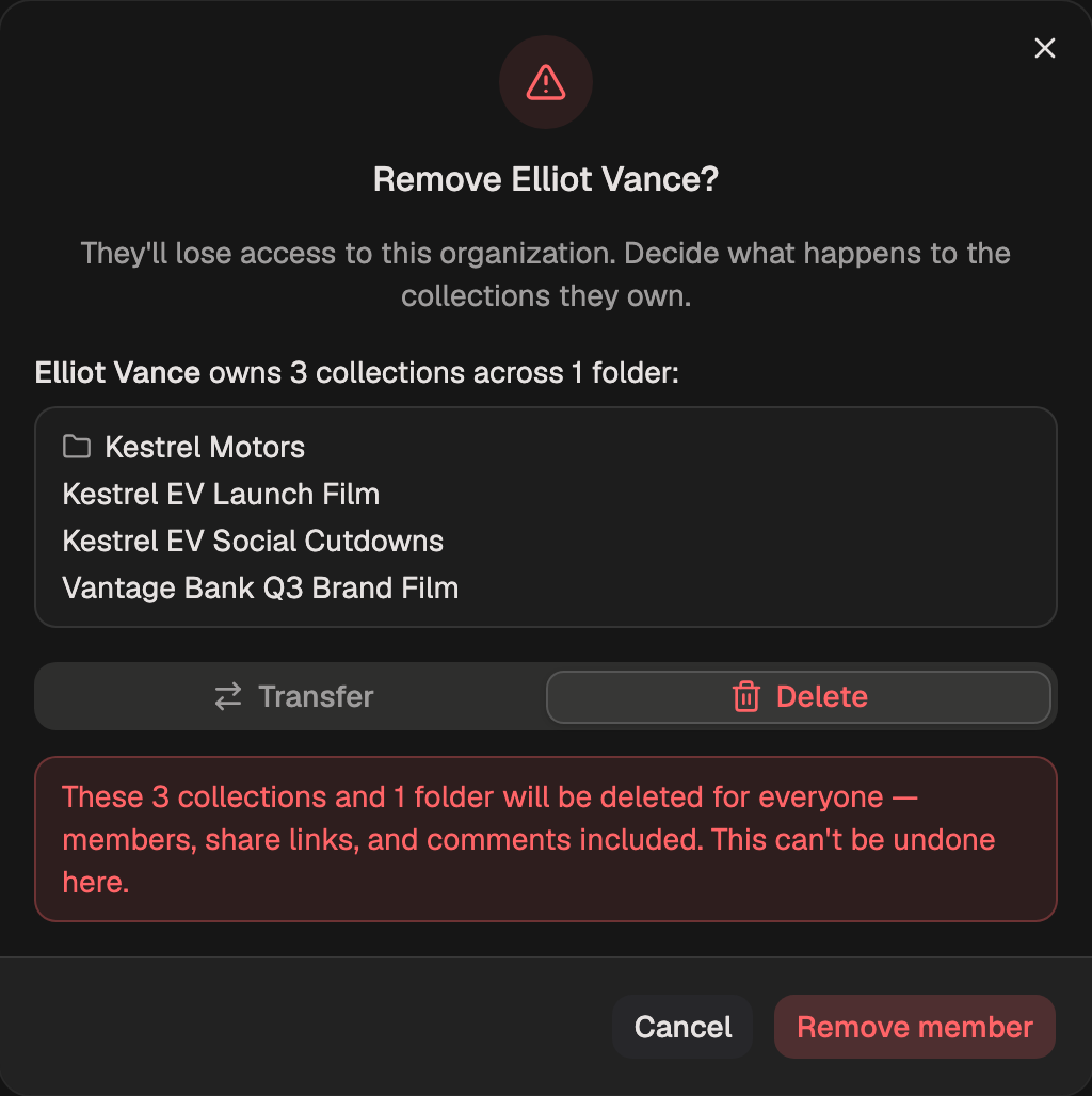 The dialog with Delete selected, showing a red warning that the listed Collections and folder will be deleted for everyone, share links and comments included.