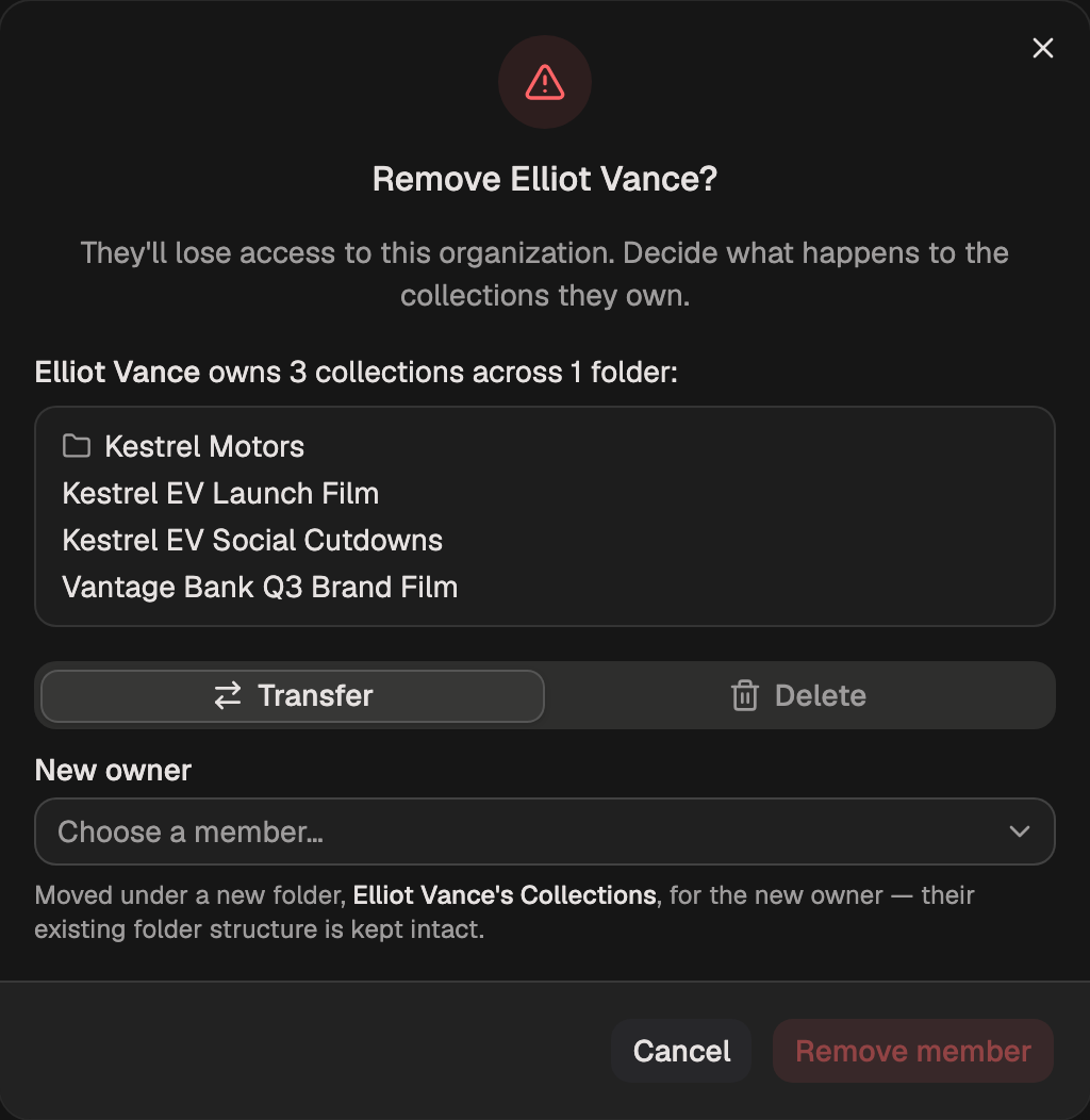 The same dialog listing four owned items including one folder, with a Transfer and Delete choice set to Transfer and a New owner picker below it.