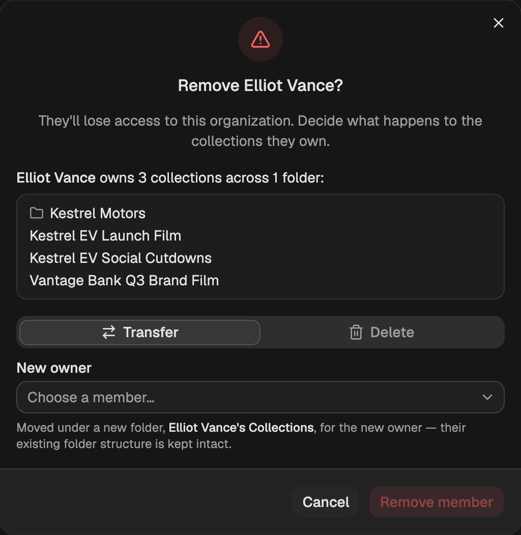 The same dialog listing four owned items including one folder, with a Transfer and Delete choice set to Transfer and a New owner picker below it.