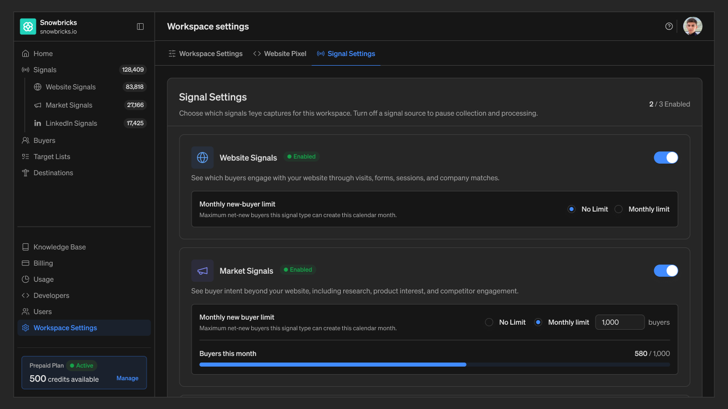 Workspace Settings Signal Settings