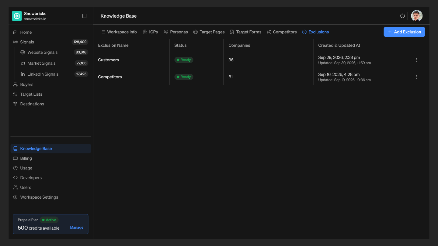 Exclusions Screen