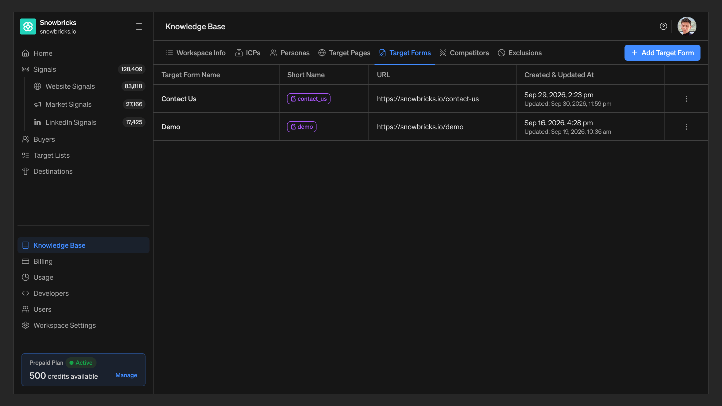 Target Forms Screen