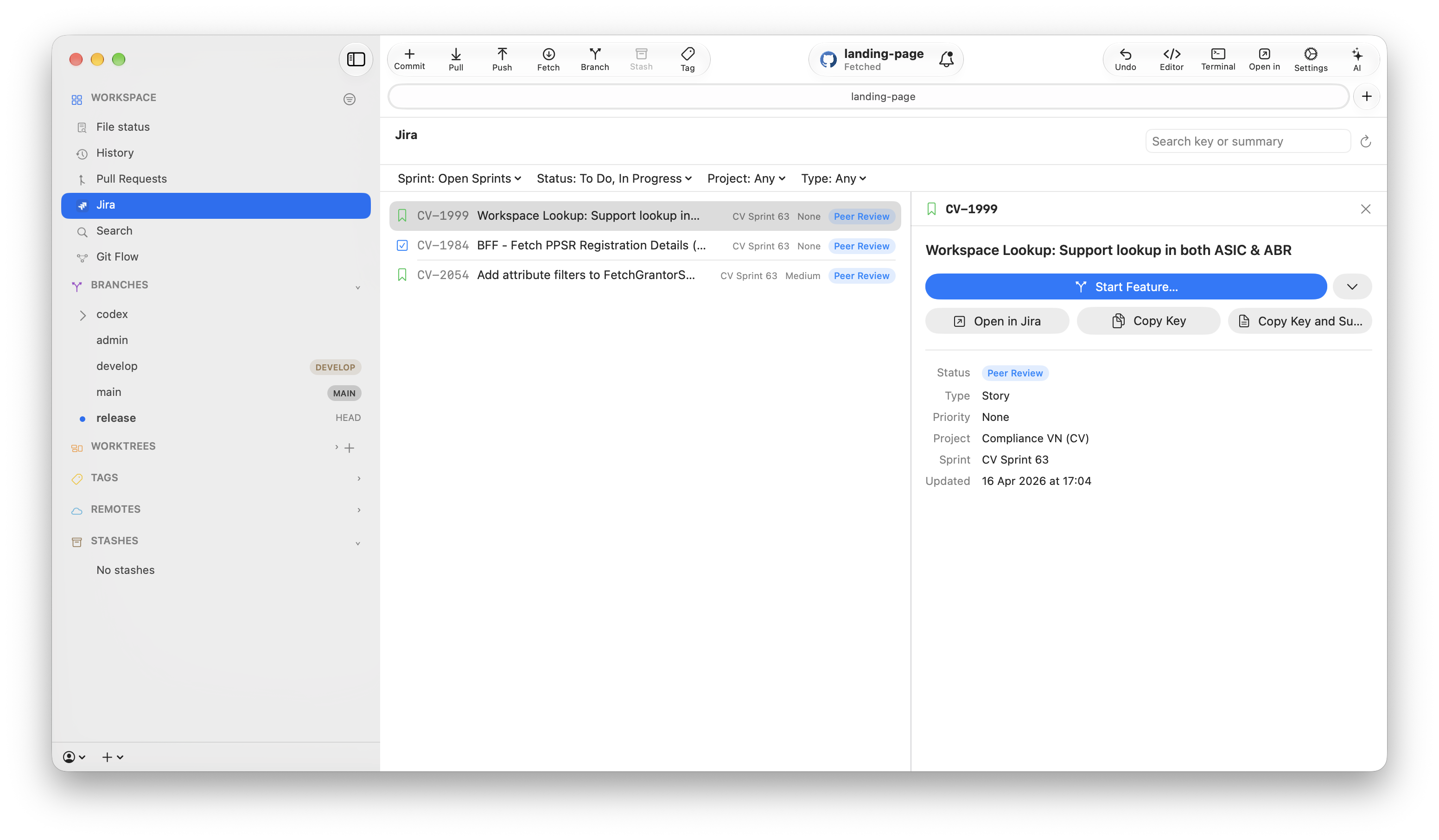 Jira screen in Commit+ with sprint, status, project, and type filters, the assigned issue list, and an issue's details panel with Start Feature, Open in Jira, and Copy Key actions