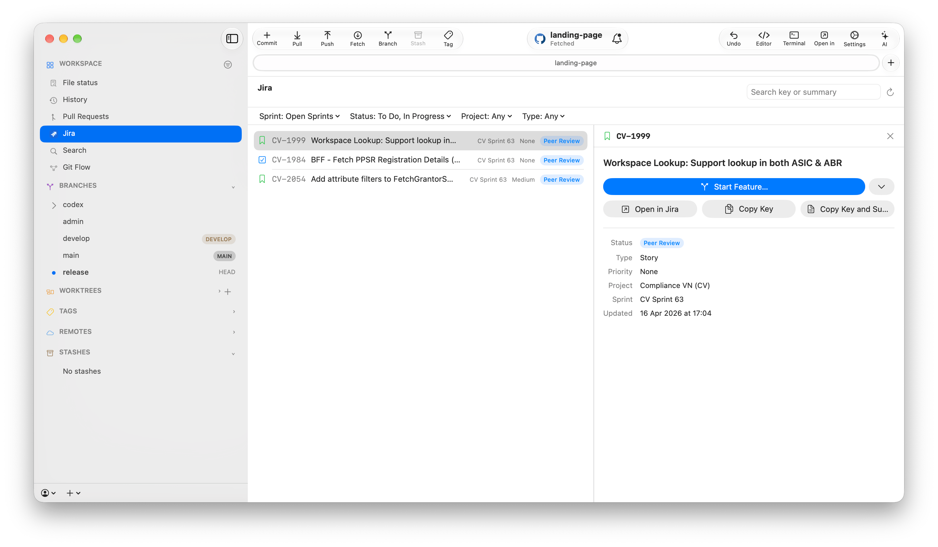 Jira screen in Commit+ with sprint, status, project, and type filters, the assigned issue list, and an issue's details panel with Start Feature, Open in Jira, and Copy Key actions